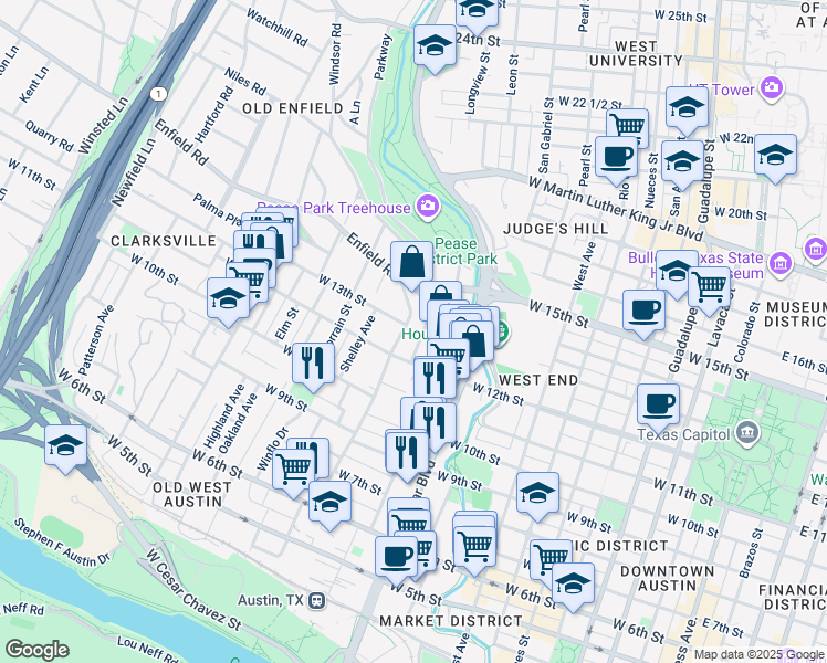 map of restaurants, bars, coffee shops, grocery stores, and more near 1209 Windsor Road in Austin