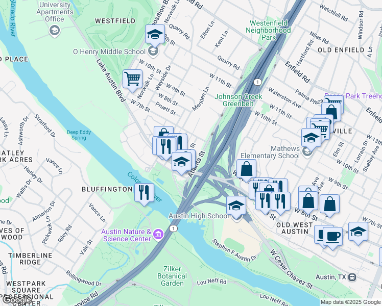 map of restaurants, bars, coffee shops, grocery stores, and more near 609 Upson Street in Austin