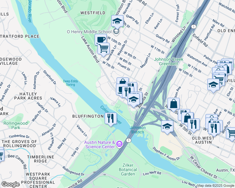 map of restaurants, bars, coffee shops, grocery stores, and more near 506 Hearn Street in Austin