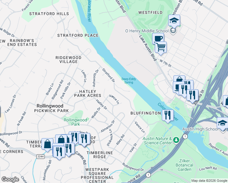 map of restaurants, bars, coffee shops, grocery stores, and more near 2705 1/2 Stratford Drive in Austin