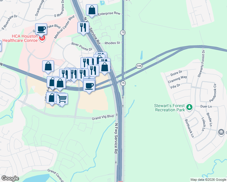 map of restaurants, bars, coffee shops, grocery stores, and more near 11000 North Freeway Service Road in Conroe