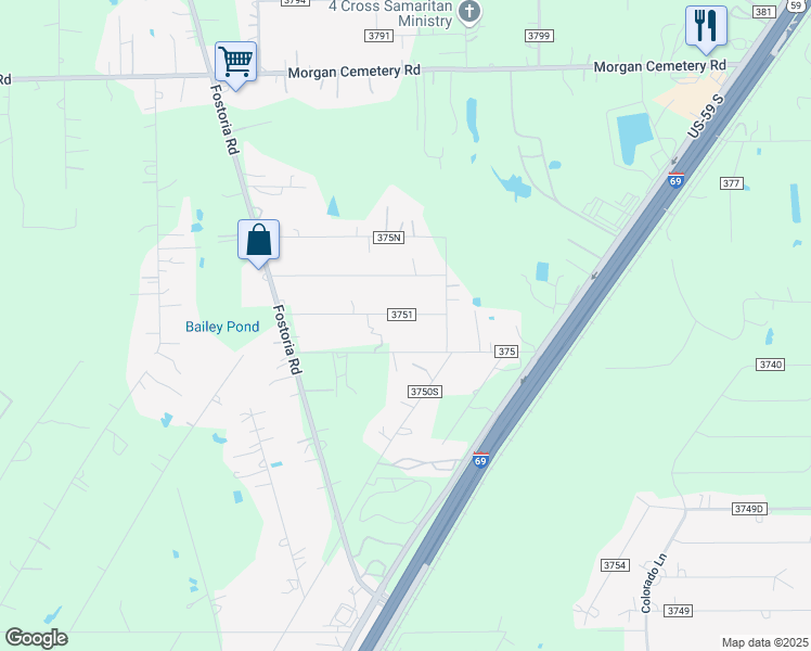 map of restaurants, bars, coffee shops, grocery stores, and more near 107 County Road 3751 in Cleveland