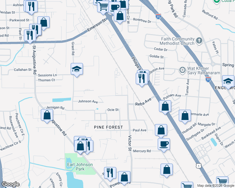 map of restaurants, bars, coffee shops, grocery stores, and more near 4231 Kelly Street in Jacksonville