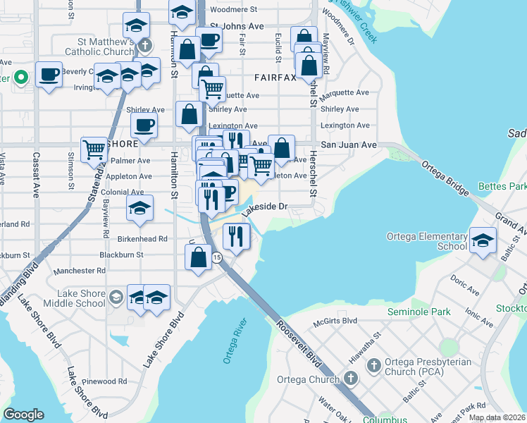 map of restaurants, bars, coffee shops, grocery stores, and more near 4300 Lakeside Drive in Jacksonville