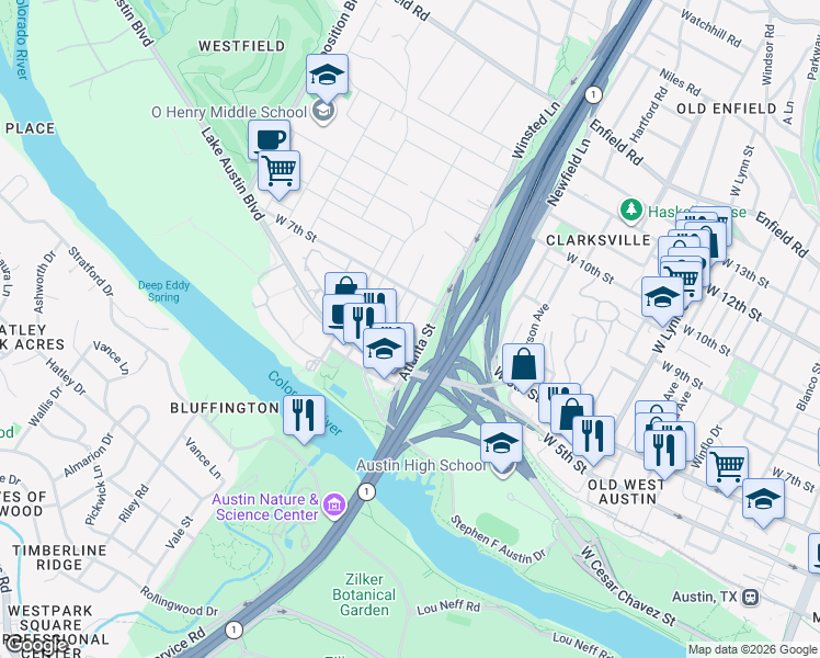 map of restaurants, bars, coffee shops, grocery stores, and more near 609 Upson Street in Austin
