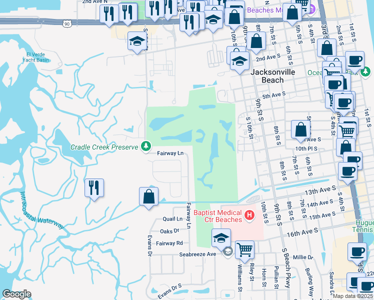 map of restaurants, bars, coffee shops, grocery stores, and more near 23 Fairway Lane in Jacksonville Beach
