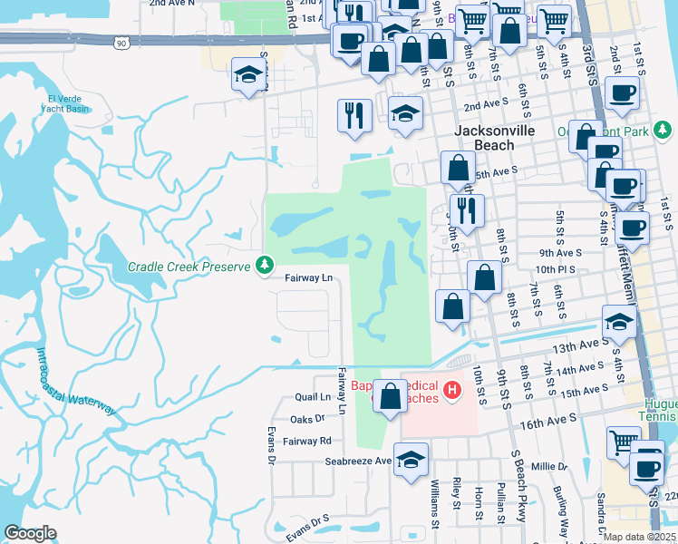 map of restaurants, bars, coffee shops, grocery stores, and more near 23 Fairway Ln in Jacksonville Beach