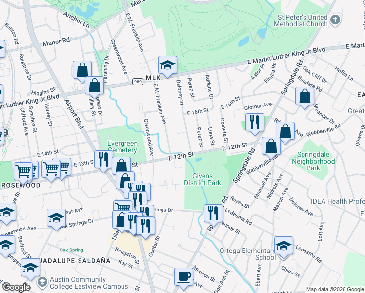 map of restaurants, bars, coffee shops, grocery stores, and more near 1214 Deloney Street in Austin