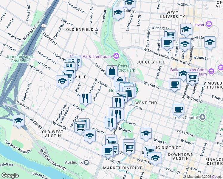 map of restaurants, bars, coffee shops, grocery stores, and more near 1209 Windsor Road in Austin