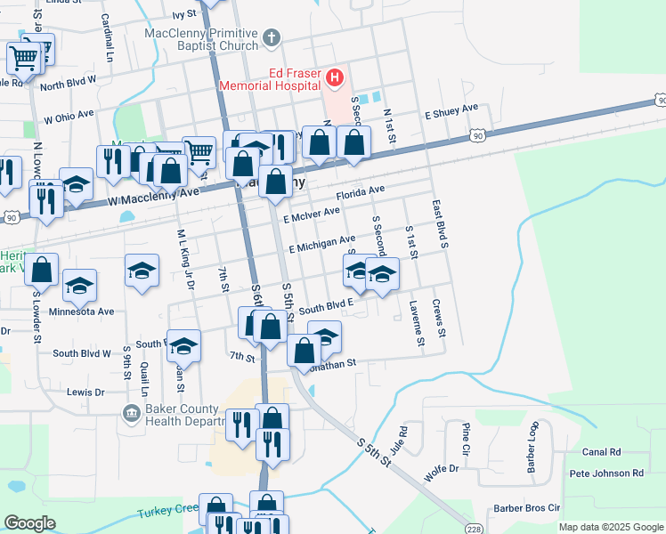 map of restaurants, bars, coffee shops, grocery stores, and more near 231 East Minnesota Avenue in Macclenny