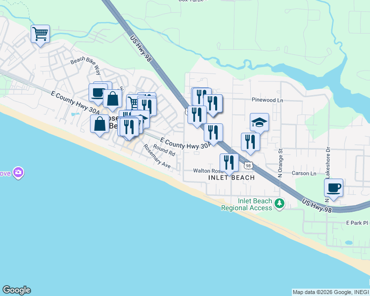 map of restaurants, bars, coffee shops, grocery stores, and more near 5 Winston Lane in Panama City Beach