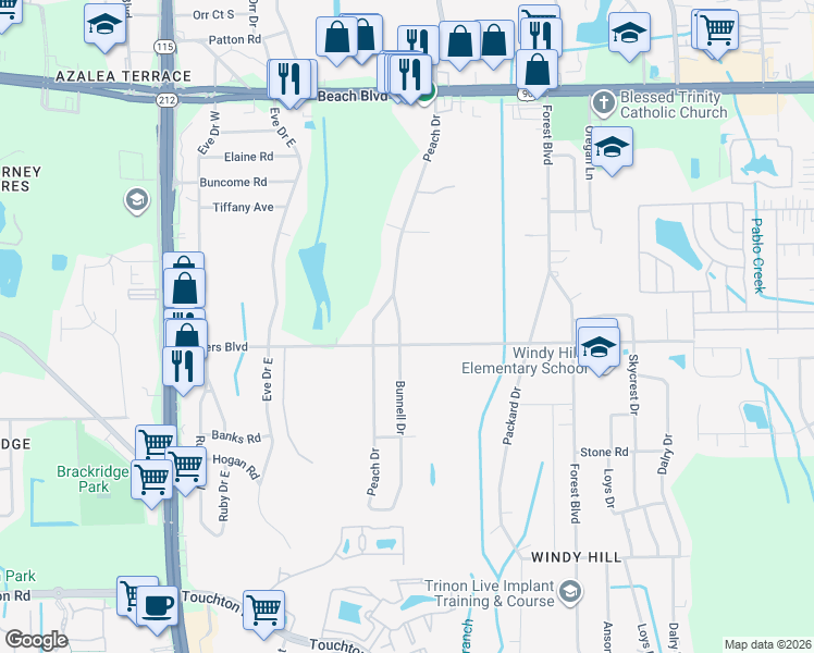 map of restaurants, bars, coffee shops, grocery stores, and more near 3743 Bunnell Drive in Jacksonville