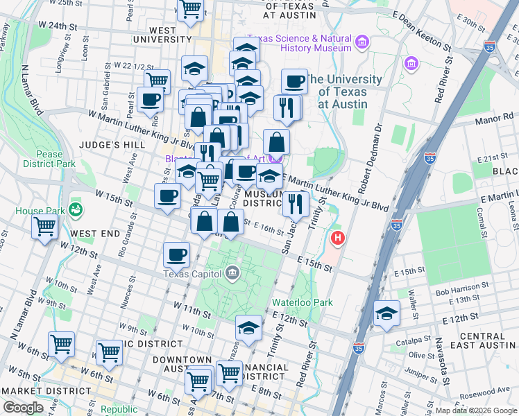 map of restaurants, bars, coffee shops, grocery stores, and more near in Austin