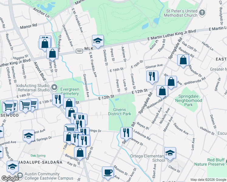 map of restaurants, bars, coffee shops, grocery stores, and more near 1207 Deloney Street in Austin