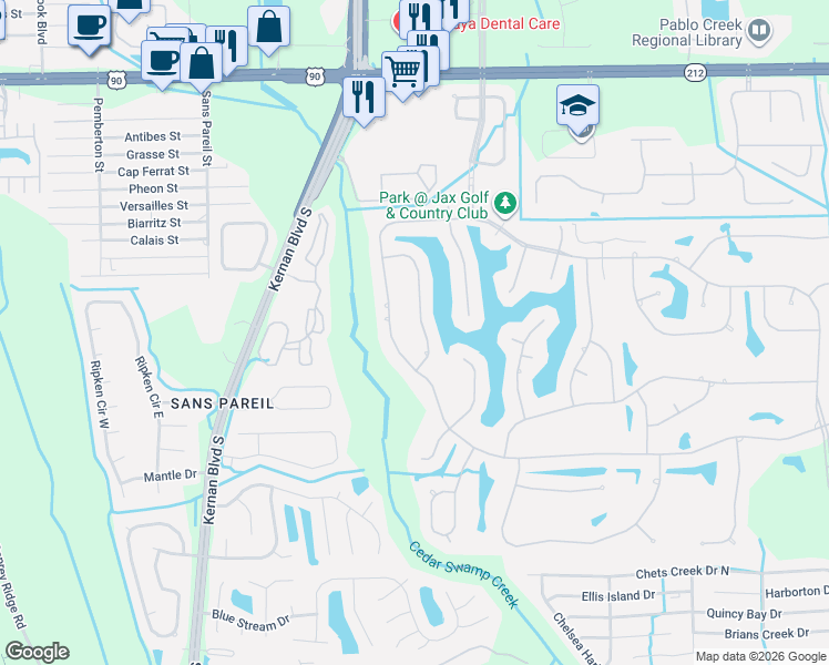 map of restaurants, bars, coffee shops, grocery stores, and more near 3833 Michael's Landing Circle East in Jacksonville