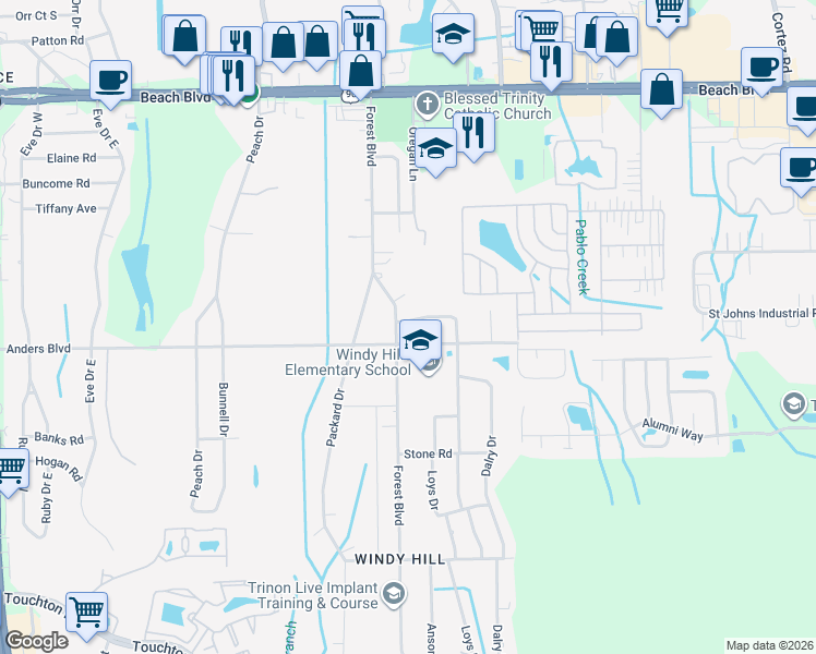 map of restaurants, bars, coffee shops, grocery stores, and more near 10403 Skycrest Drive North in Jacksonville