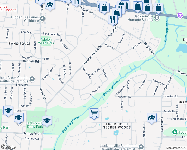 map of restaurants, bars, coffee shops, grocery stores, and more near 8073 Ebersol Road in Jacksonville