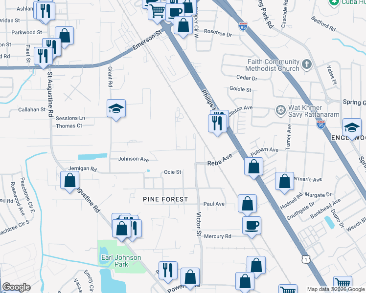 map of restaurants, bars, coffee shops, grocery stores, and more near 4237 Mc Arthur Street in Jacksonville