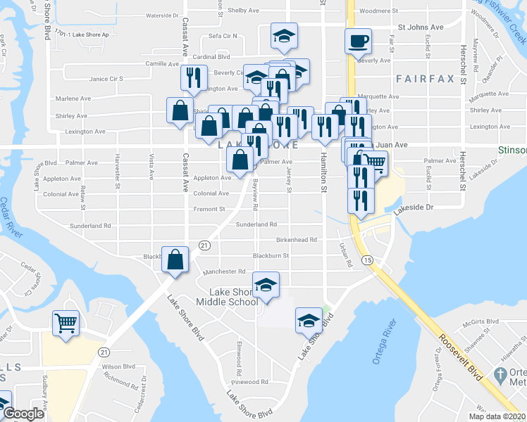 map of restaurants, bars, coffee shops, grocery stores, and more near 4649 Fremont Street in Jacksonville