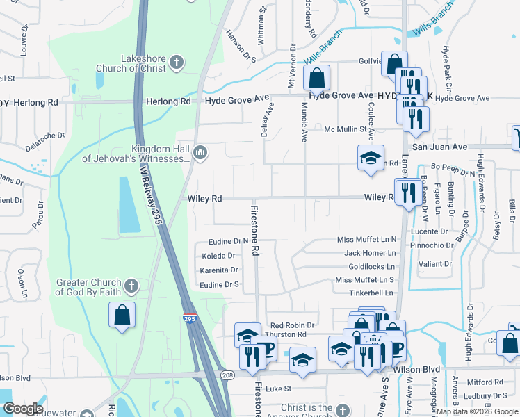 map of restaurants, bars, coffee shops, grocery stores, and more near 7072 Wiley Road in Jacksonville
