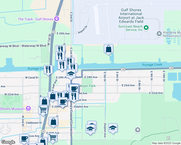 map of restaurants, bars, coffee shops, grocery stores, and more near 531 East Canal Drive in Gulf Shores