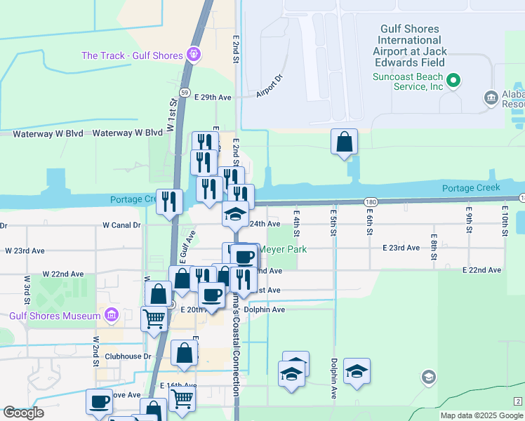 map of restaurants, bars, coffee shops, grocery stores, and more near 403 Alabama 180 in Gulf Shores