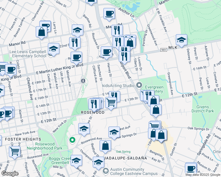 map of restaurants, bars, coffee shops, grocery stores, and more near 1414 Harvey Street in Austin