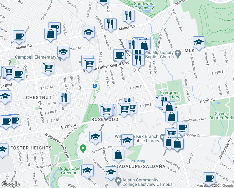 map of restaurants, bars, coffee shops, grocery stores, and more near 1414 Harvey Street in Austin