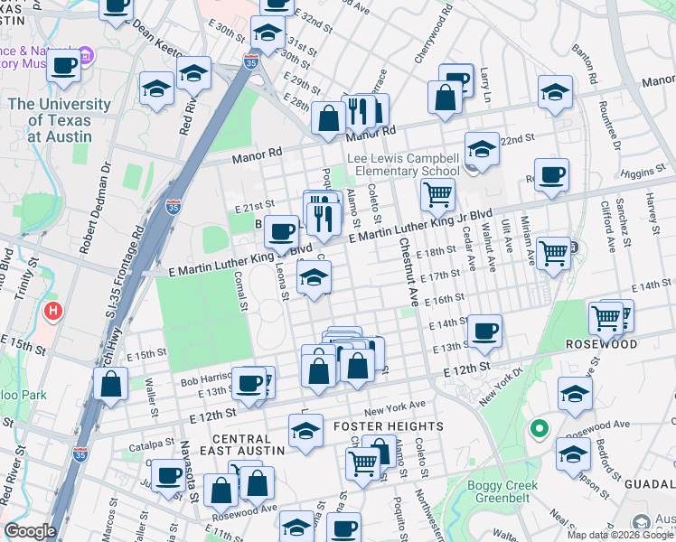 map of restaurants, bars, coffee shops, grocery stores, and more near 1904 East 18th Street in Austin