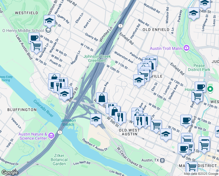 map of restaurants, bars, coffee shops, grocery stores, and more near 718 Patterson Avenue in Austin