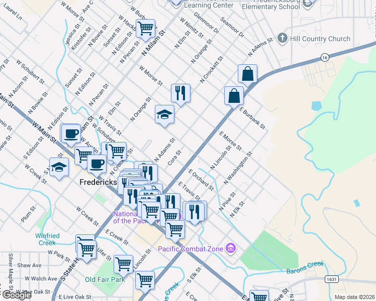 map of restaurants, bars, coffee shops, grocery stores, and more near 110 East College Street in Fredericksburg