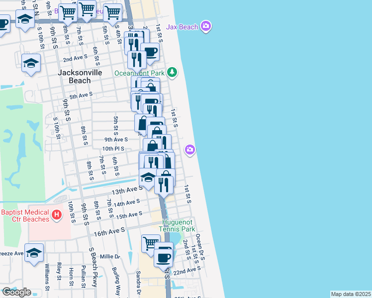 map of restaurants, bars, coffee shops, grocery stores, and more near 1031 Ocean Front South in Jacksonville Beach