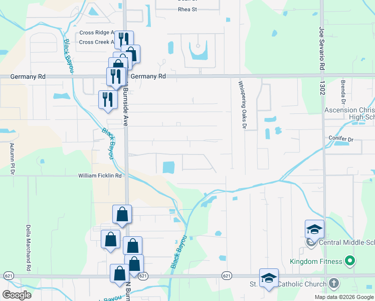 map of restaurants, bars, coffee shops, grocery stores, and more near 41153 Lee Drive in Gonzales