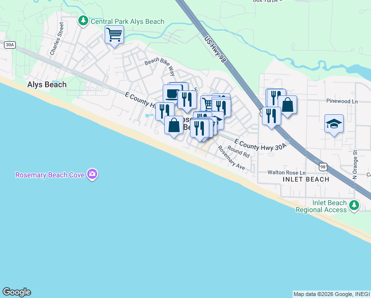 map of restaurants, bars, coffee shops, grocery stores, and more near 11 Spanish Town Court in Rosemary Beach