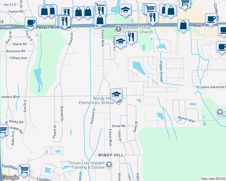 map of restaurants, bars, coffee shops, grocery stores, and more near 10403 Skycrest Drive North in Jacksonville