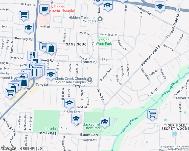 map of restaurants, bars, coffee shops, grocery stores, and more near 2512 Dean Road in Jacksonville
