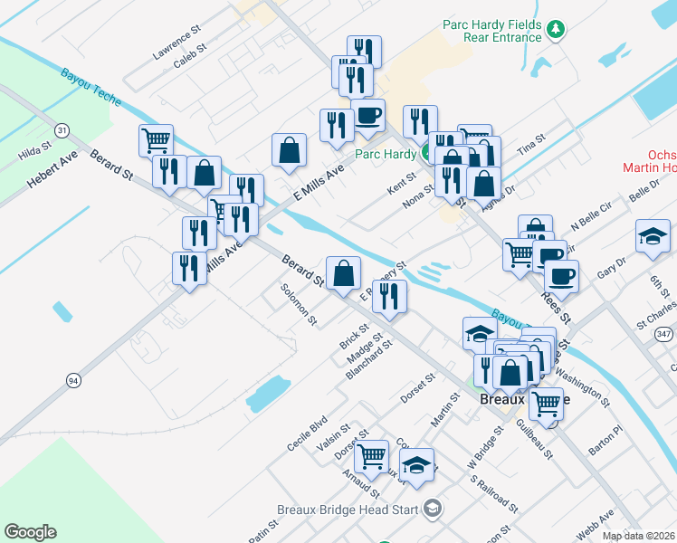 map of restaurants, bars, coffee shops, grocery stores, and more near 926 Oak Drive in Breaux Bridge