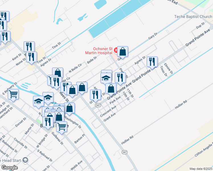 map of restaurants, bars, coffee shops, grocery stores, and more near 1020 East Bridge Street in Breaux Bridge