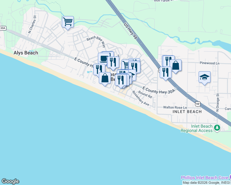 map of restaurants, bars, coffee shops, grocery stores, and more near 403 West Water Street in Rosemary Beach