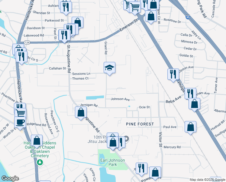 map of restaurants, bars, coffee shops, grocery stores, and more near 2334 Vans Avenue in Jacksonville