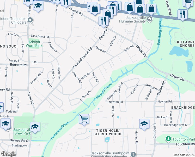 map of restaurants, bars, coffee shops, grocery stores, and more near 2357 Brest Road in Jacksonville