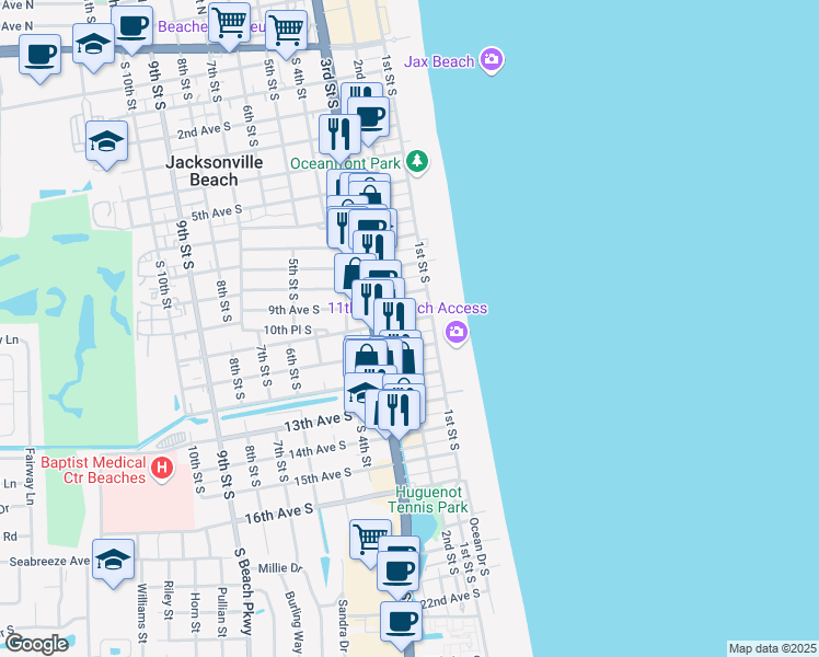 map of restaurants, bars, coffee shops, grocery stores, and more near 138 10th Avenue South in Jacksonville Beach