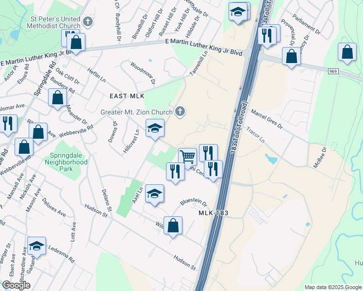 map of restaurants, bars, coffee shops, grocery stores, and more near 3901 Tannehill Lane in Austin
