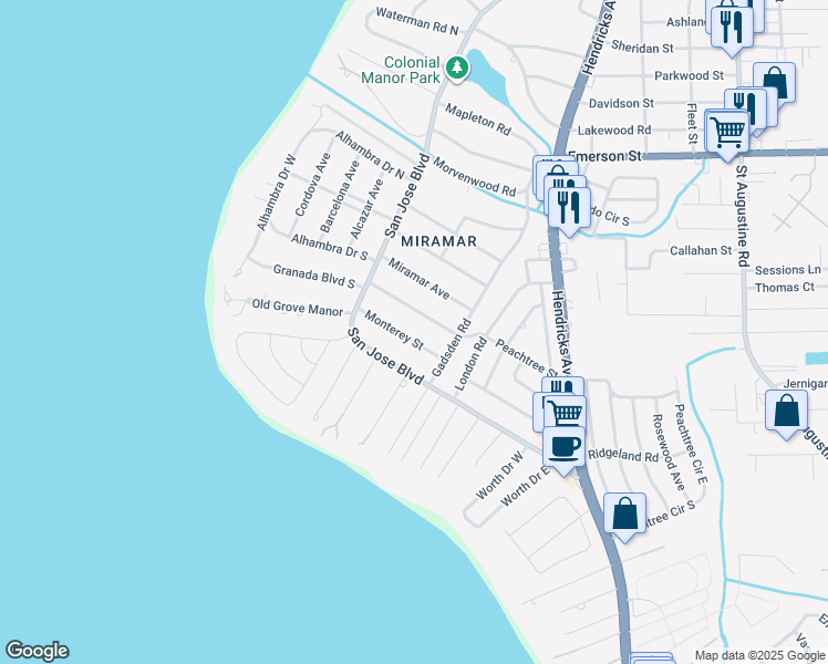 map of restaurants, bars, coffee shops, grocery stores, and more near 1205 Monterey Street in Jacksonville