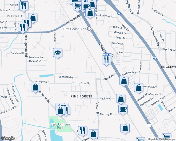 map of restaurants, bars, coffee shops, grocery stores, and more near 4237 Kelly Street in Jacksonville