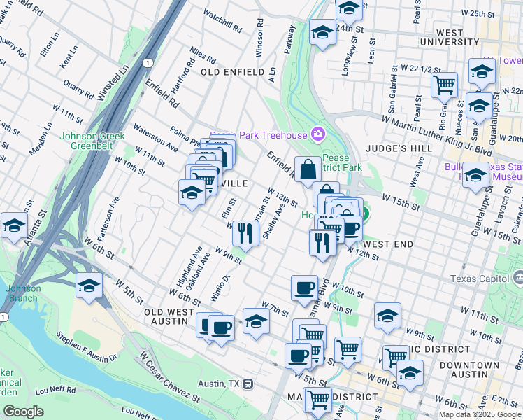 map of restaurants, bars, coffee shops, grocery stores, and more near W 12th St & Lorrain St in Austin