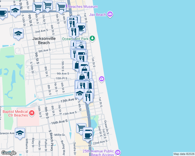 map of restaurants, bars, coffee shops, grocery stores, and more near 1031 Ocean Front South in Jacksonville Beach