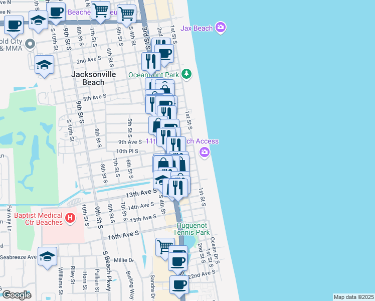 map of restaurants, bars, coffee shops, grocery stores, and more near 138 10th Avenue South in Jacksonville Beach