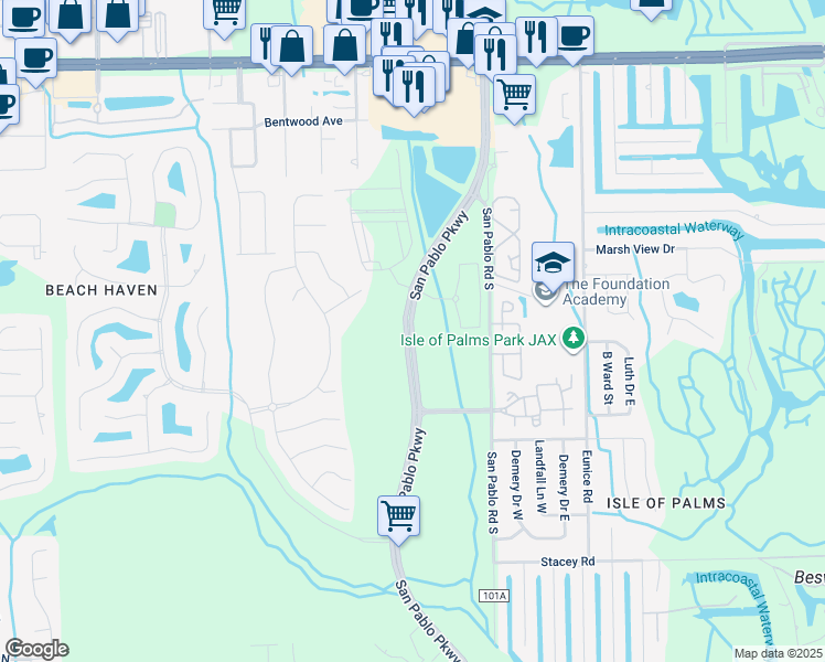 map of restaurants, bars, coffee shops, grocery stores, and more near 14110 Cahaba Road in Jacksonville