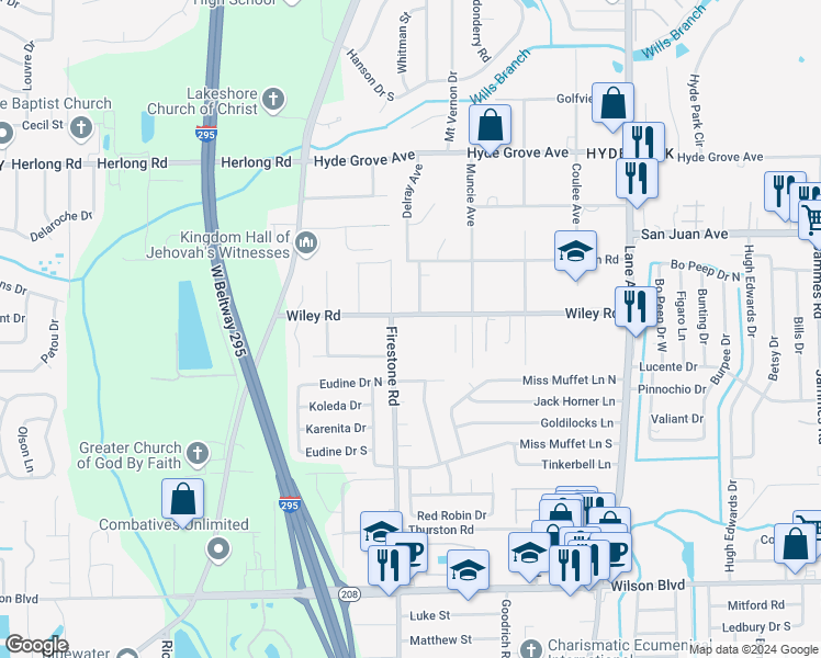 map of restaurants, bars, coffee shops, grocery stores, and more near 7072 Wiley Road in Jacksonville